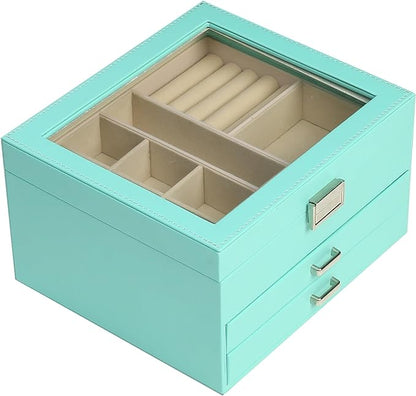 BOOVO Clear Lid Jewelry Box,3 Layers Jewelry Organizer Large Multi-Functional Jewelry Storage Box with 2 Drawers,Jewelry Disp