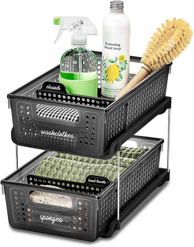 madesmart Antimicrobial 2-Tier Organizer Multi-Purpose Slide-Out Storage with Handles and Dividers for Home and Bath, Pack of