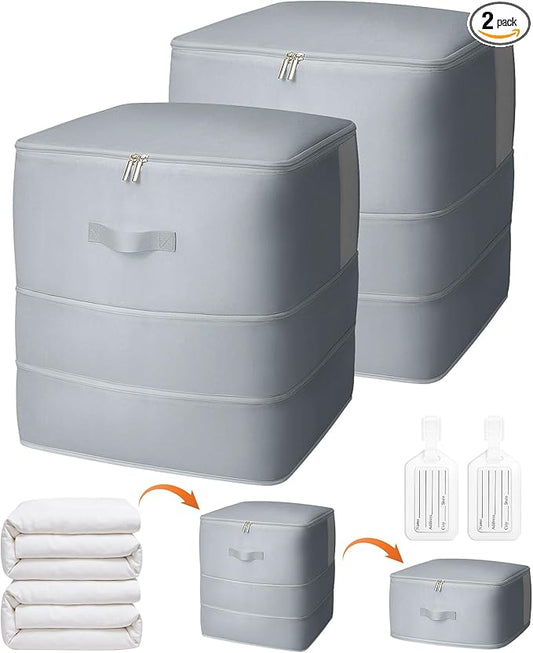 2 Pack Comforter Storage Bag, 136L Blanket Storage Bags Self Compression Comforter Organizer and Storages, Space Saving Washa