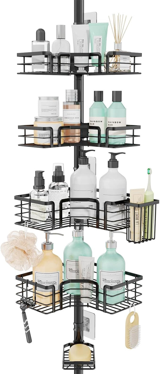 SWTYMIKI Shower Caddy Tension Pole - 4-Tier Corner Shower Organizer Tension Rod with Soap Holder, Toothbrush Holder & 4 Hooks