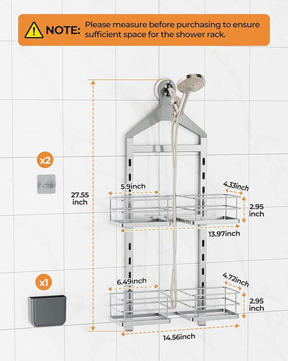 ODesign 2 Tier Height-Adjustable Shower Caddy Hanging Anti-Swing-Over The Shower Head Caddy-Storage Organizer Bathroom Shelve
