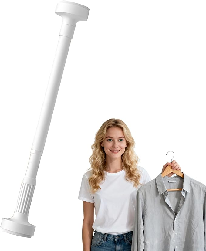 Adjustable Telescopic Closet Rod - No Drill Pressure Mount Wardrobe Hanging Bar, Space-Saving Extendable Clothes Rail (White,