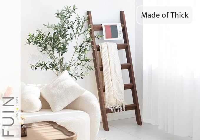 FUIN 5ft (58") Wood Blanket Ladder Living Room Decorative Wall Leaning Farmhouse Quilt Display Holder Rustic Wooden Towel Rac