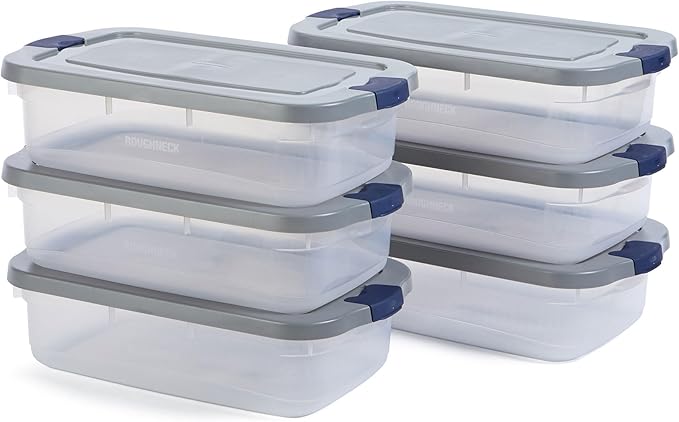 Rubbermaid Roughneck Clear 31 Qt/ 7.75 Gal Storage Containers, Pack of 6 with Snap-Fit Grey Lids, Visible Base, Sturdy and St