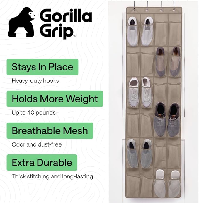 GORILLA GRIP Over the Door Shoe Organizer, 24 Large Breathable Mesh Pockets, Space Saving Hanging Storage Holder, Closet Rack