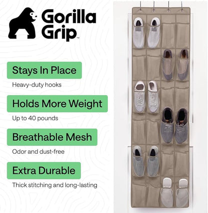 GORILLA GRIP Over the Door Shoe Organizer, 24 Large Breathable Mesh Pockets, Space Saving Hanging Storage Holder, Closet Rack