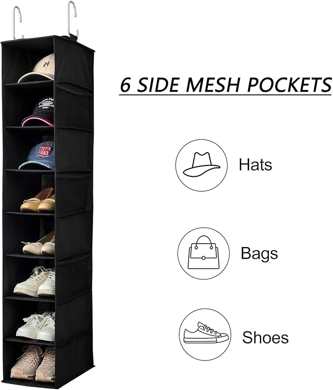 Berdeng Hanging Shoe Organizer for Closet with Side Mesh Pockets，Hat Racks for Baseball Caps，Shoe and Hat Holder & Storage，8-