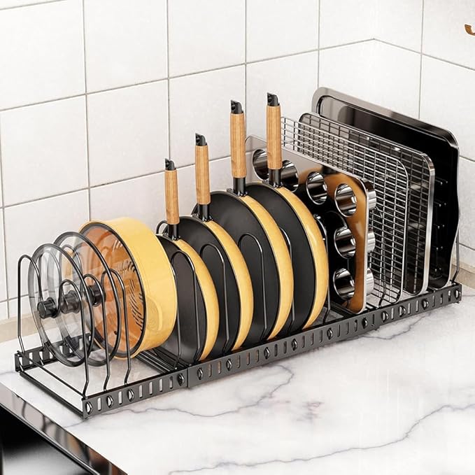 Pot and Pan Organizer Rack for Cabinet, 3 Expandable Pot Lid Organizer Holder with 12 Adjustable Compartment for Kitchen Cutting Board, Pan Lid, Cabinet Cookware Baking