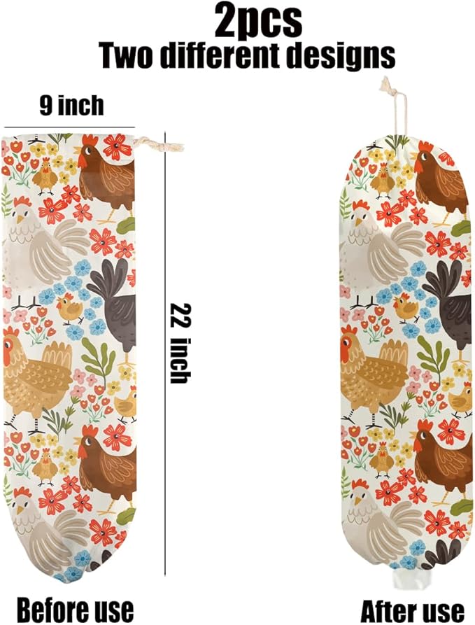 2 Pcs Chicken Plastic Bag Holder, Duck Wall Mount Plastic Bag Holders for Grocery Bags, Large Washable Grocery Bags Storage Dispenser for Home Kitchen Pantry Decor, Flowers Gifts for Women Mom