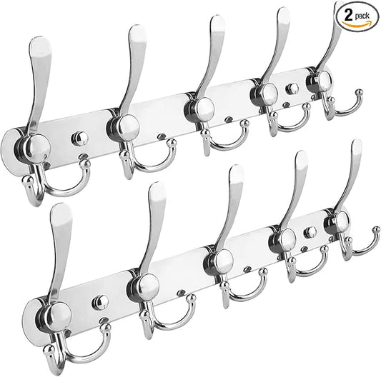 2-Pack Coat Rack Wall Mounted – Space-Saving Wall Clothes Rack, 5 Tri Hooks, Stainless Steel Entryway Organizer for Coats, Ha