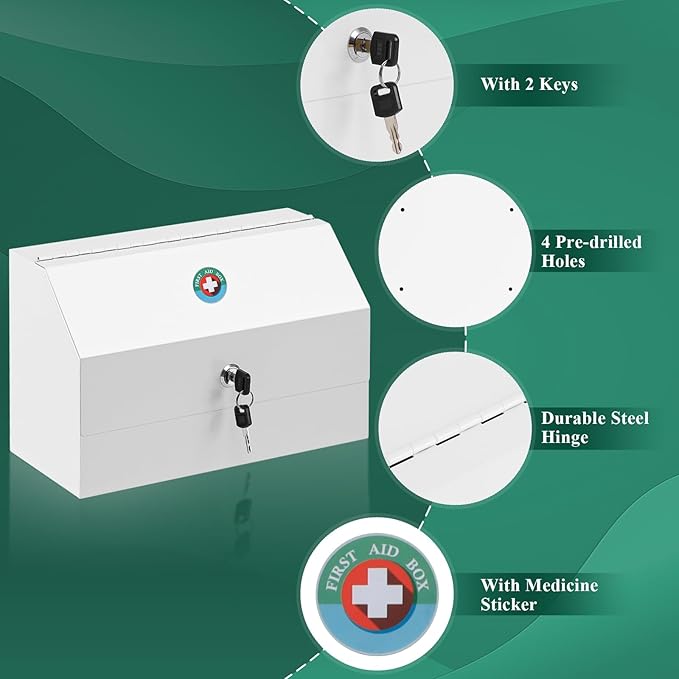 KYODOLED Wall Mount Medicine Lock Box, Drug Cabinet with Key, Large Capacity Secure Steel Prescription, First Aid Kit for Eme