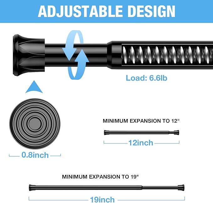 6 Pack Spring Tension Rods 11-19 Inches,5/8" Diameter Black Spring Load Adjustable Expandable,Small Short Tension Curtain Rod