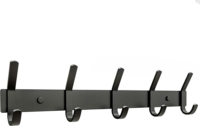 Matte Black Coat Rack Wall Mount – 15 Inch Stainless Steel Hook Rail with 5 Double Coat Hooks – Wall Mounted Entryway Organiz