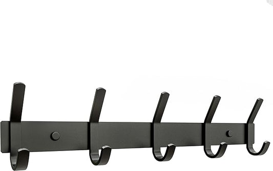 Matte Black Coat Rack Wall Mount – 15 Inch Stainless Steel Hook Rail with 5 Double Coat Hooks – Wall Mounted Entryway Organiz