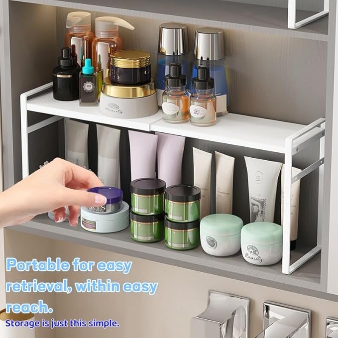 Small Expandable Medicine Cabinet Shelf, 3.58” Wide Metal Storage Stand with Adjustable Layers & Non-Slip Pads for Kitchen, P
