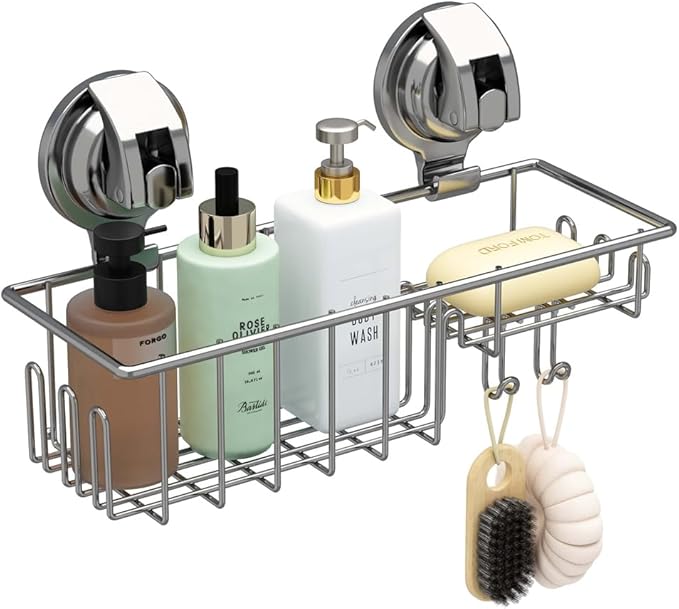 TESOT Suction Cup Shower Shelf, Shower Caddy Soap Dish with Hooks for Sponge, Rust Proof 304 Stainless Steel, Silver