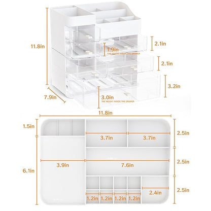 White Countertop Makeup Organizer with 6 Drawers,Large Capacity Skincare Organizers for Vanity,Desk,Dresser,Plastic Bathroom 
