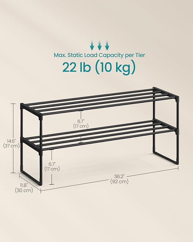 SONGMICS Shoe Rack, 2-Tier Shoe Organizer, Metal Storage Shelf, Upright or Upside Down, for 12-15 Pairs, Stackable, for Entry
