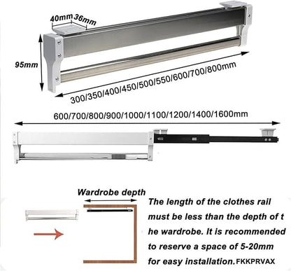 Pull Out Clothes Rail Sliding Wardrobe Closet Rod - Heavy Duty Extendable Pull Out Closet Rod, Extendable Clothes Rail, Exten