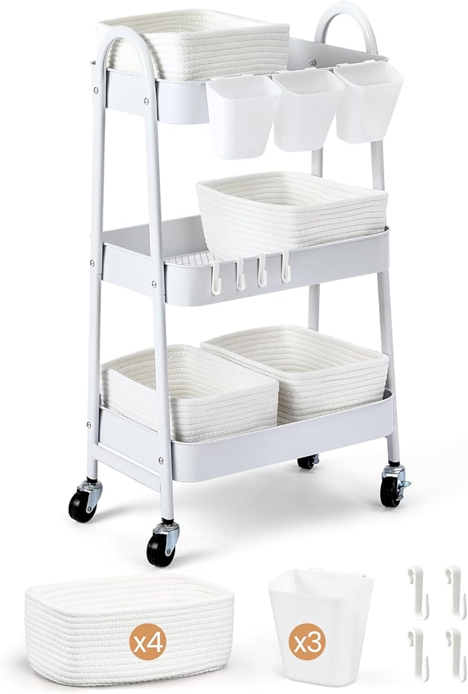 3-Tier Rolling Utility Cart with 4 Woven Baskets, Diaper Book Snack Cart, Storage Organizer for Nursery, Kitchen, Craft Room,