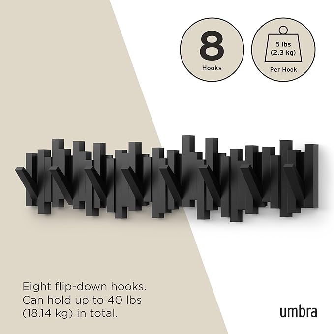 Umbra Sticks Wall-Mounted Coat Rack Rail Hook with 8 Retractable Pegs – Modern, Space-Saving Storage Organizer, Black