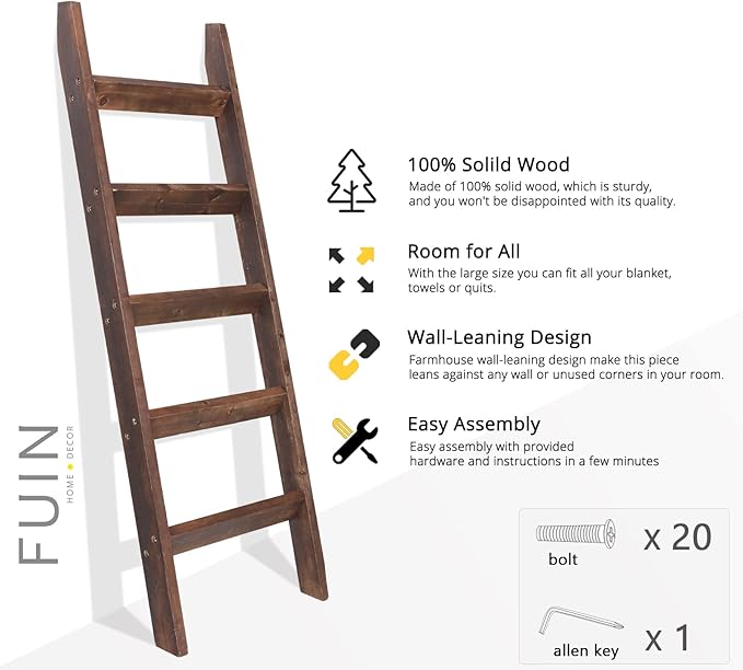 FUIN 5ft (58") Wood Blanket Ladder Living Room Decorative Wall Leaning Farmhouse Quilt Display Holder Rustic Wooden Towel Rac