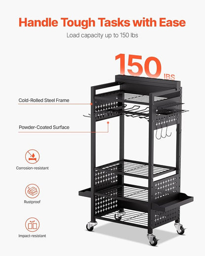 VEVOR 5-Tier Tool Organizer Cart with Charging Station, 8 AC Outlet, Floor Stand Rolling Drill Holder and Tool Battery Storag