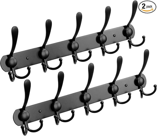 2-Pack Coat Rack Wall Mounted – Space-Saving Wall Clothes Rack, 5 Tri Hooks, Stainless Steel Entryway Organizer for Coats, Ha