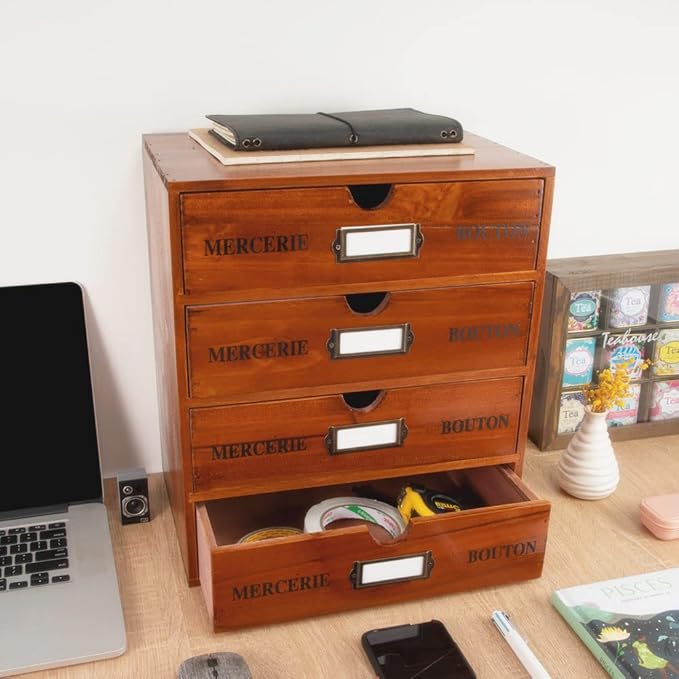 Wooden Storage Box with Drawers Vintage Office Supplies and Accessories Letter Tray Wood Desktop File Organizer 4 Tier Paper 