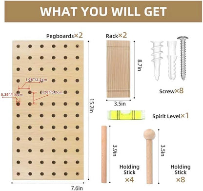 Beige Wood Pegboard Modular Display Wooden Pegboard Combination Wall Organizer Storage Wall Hooks Shelf for Home, Office, Bat
