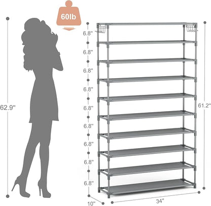 LANTEFUL 10 Tiers Shoe Rack 50 Pairs Large Capacity Tall Shoe Organizer Sturdy Shoe Storage with Two Hooks Space Saving Metal