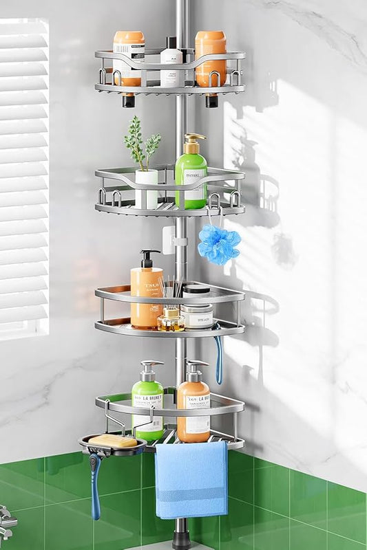HAMITOR Shower Caddy Tension Pole: Rustproof Quick Install Corner Bathroom Organizer Shelf on Floor for Renters - 4-Tier Larg