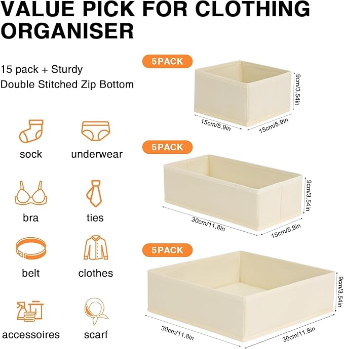 DIMJ Drawer Organizer Clothes, 15 Pack Dresser Organizer, Foldable Closet Organizers and Storage, Fabric Dresser Bins, Drawer