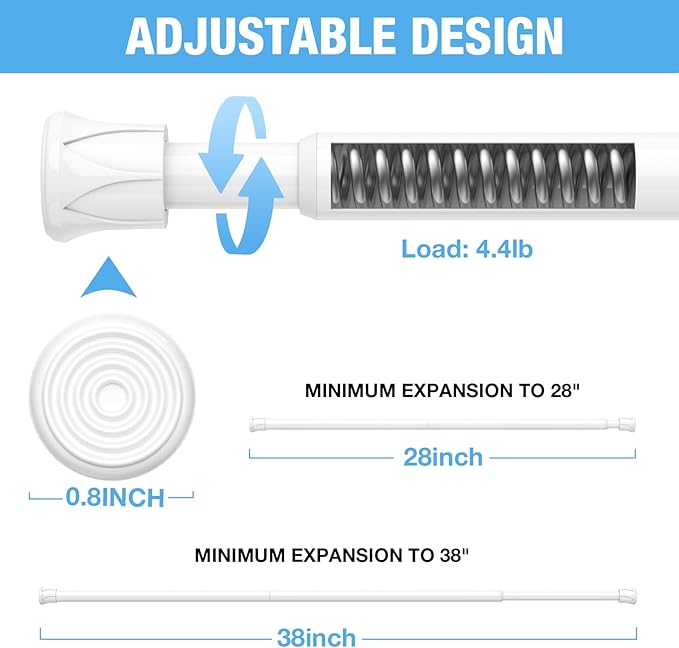 2 Pack Spring Tension Rods 27-38 Inches,5/8" Diameter White Spring Load Adjustable Expandable,Small Short Tension Curtain Rod