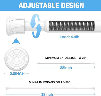 2 Pack Spring Tension Rods 27-38 Inches,5/8" Diameter White Spring Load Adjustable Expandable,Small Short Tension Curtain Rod