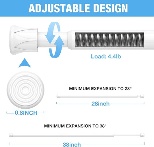 2 Pack Spring Tension Rods 27-38 Inches,5/8" Diameter White Spring Load Adjustable Expandable,Small Short Tension Curtain Rod