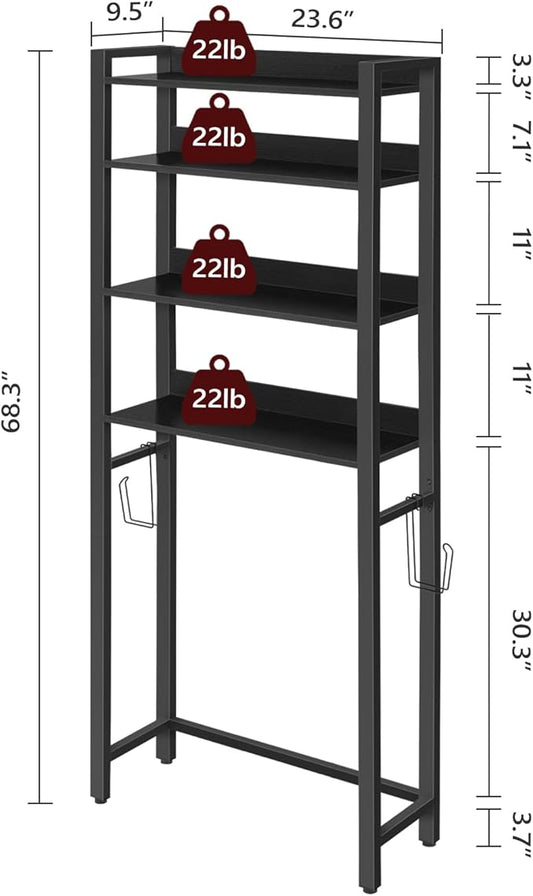 Over The Toilet Storage Rack, 4 Tier Bathroom Organizer Over Toilet, Freestanding Space Saver Toilet Stand with 2 Hooks, Bath