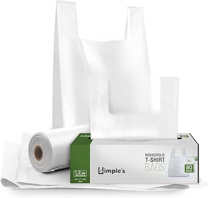 Simple's Plastic Shopping Bags In Bulk (12 Pack With 80 Bags Each) Heavy Duty Grocery bags with Handles For Business, T Shirt Bags, Bag Dispenser Roll - Measures 12"x7"x22", 1.2 Mil Thickness