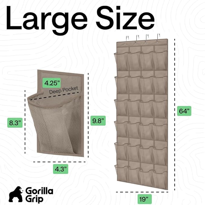 GORILLA GRIP Over the Door Shoe Organizer, 24 Large Breathable Mesh Pockets, Space Saving Hanging Storage Holder, Closet Rack