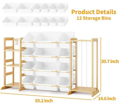 Toy Storage Organizer with Bookshelf and Stuffed Animal Storage - Kids Playroom Organization with Shelves and 12 Toy Bins - T