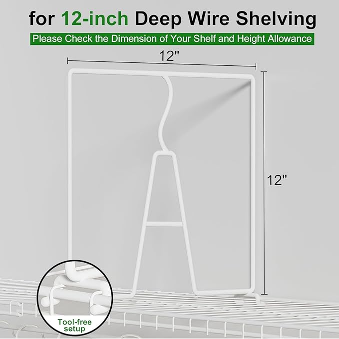 SortNStore Wire Shelf Dividers for Closet: 12-inch Tall 12-inch Deep 6 Pack Wire Rack Accessories - Adjustable Purse Organize