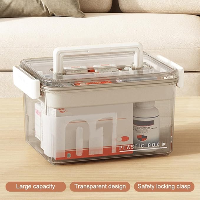 Clear Medicine Organizer Storage Box with Removable Tray, Plastic Medicine Storage Organizer & First Aid Box, Multipurpose Me