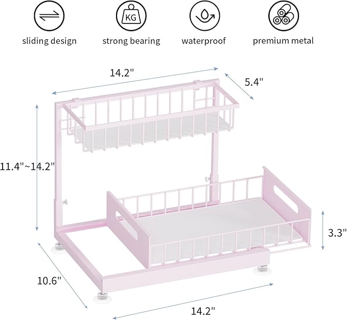 Saydear Under Sink Organizer Storage 2-Tier Premium Metal Pull-Out Kitchen Cabinet Organizer with Sliding Drawer, Height Adju