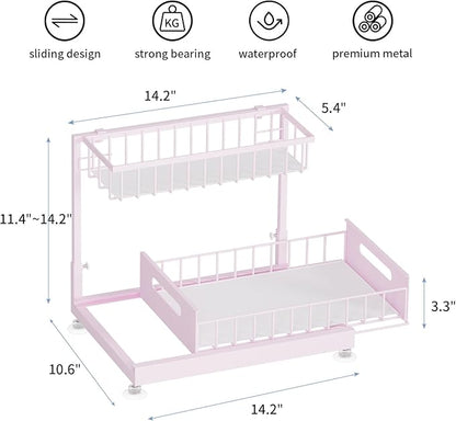 Saydear Under Sink Organizer Storage 2-Tier Premium Metal Pull-Out Kitchen Cabinet Organizer with Sliding Drawer, Height Adju