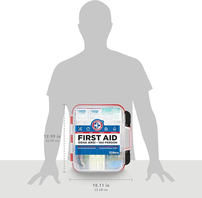 Be Smart Get Prepared First Aid Kit Hard Red Case 326 Pieces Exceeds OSHA and ANSI Guidelines 100 People - Office, Home, Car,