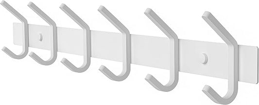 White Coat Rack Wall Mount – 17 Inch Stainless Steel Hook Rail with 6 Heavy Duty Double Coat Hooks – Wall Mounted Coat Hanger