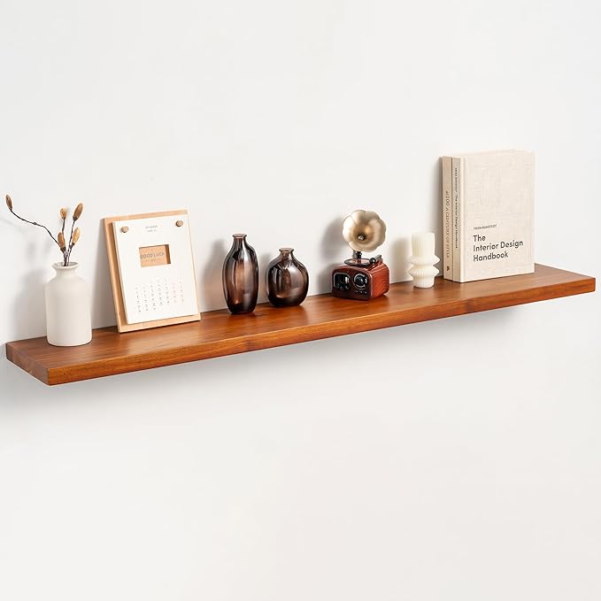 48 Inch Solid Wood Floating Shelf - 100% Solid Teak Wood Wall Shelf with Invisible Brackets - Waterproof Natural Wood Shelves