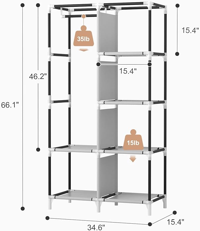 ROJASOP Portable Closet Wardrobe Closet for Hanging Clothes with 6 Storage Shelves, 1 Hanging Rod and 4 Pockets, Clothes Orga