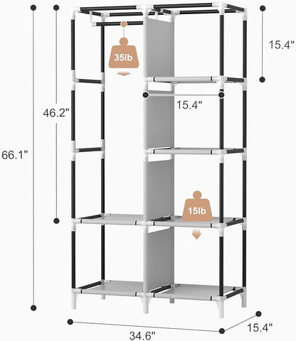 ROJASOP Portable Closet Wardrobe Closet for Hanging Clothes with 6 Storage Shelves, 1 Hanging Rod and 4 Pockets, Clothes Orga