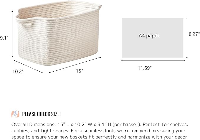 R RUNKA Cotton Rope Storage Basket 15"x10"x9" – Fabric Storage Bins for Organizing Clothes,Toys,Blankets – Durable Woven Stor